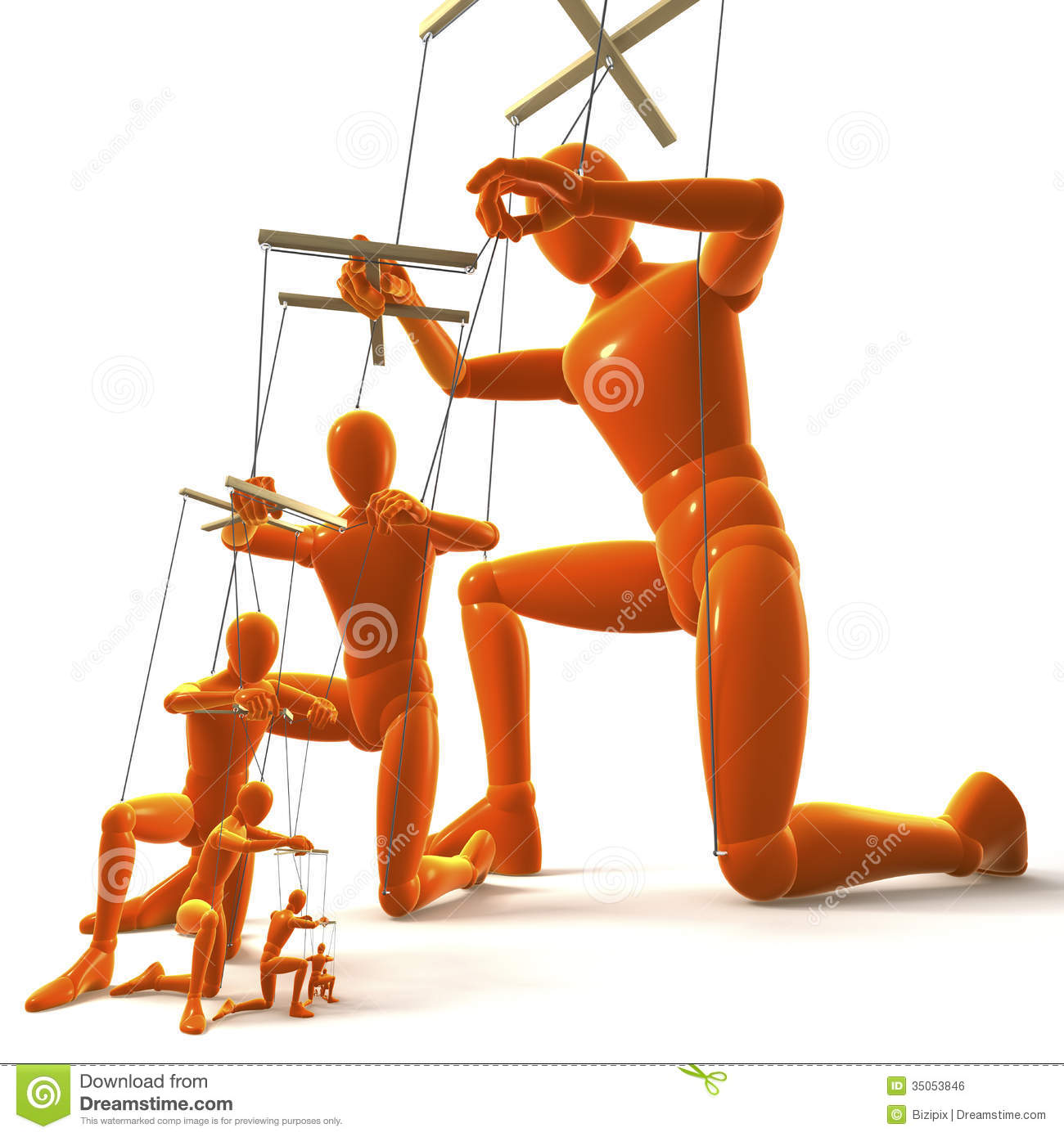 Puppet Hierarchy meme template - Five orange articulated mannequin figures suspended by strings in a cascade, each larger figure controlling the one below it.