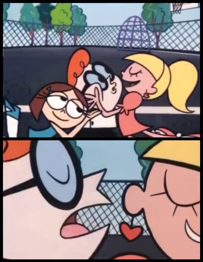 Say It Again Dexter meme template - Two panels from Dexter's Laboratory. Top: a short, red-haired boy in glasses (Dexter) is being kissed on both cheeks simultan