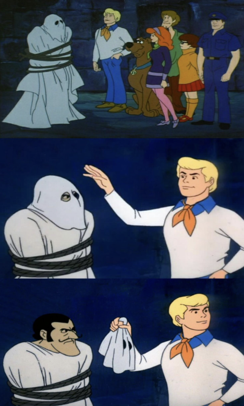 Scooby Doo Unmasking (3-Panel) meme template - Three vertical panels from Scooby-Doo. Top: the gang surrounds a tied-up ghost in white wrappings. Scooby, Shaggy, Daphne, an