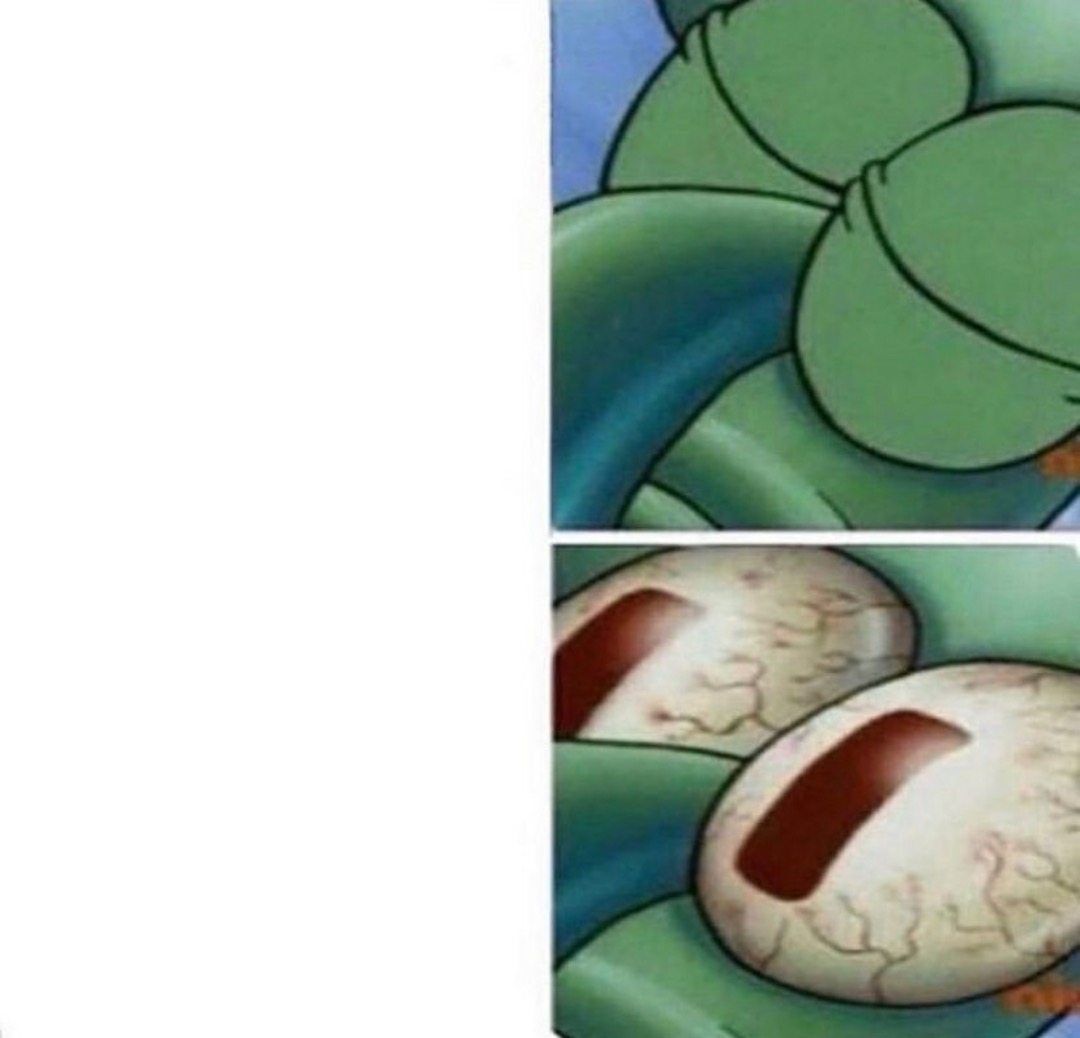 Sleeping Squidward meme template - Two panels. Top: Squidward in bed, eyes gently closed, green face smooth and relaxed. The pillow is blue. The blanket is tuck