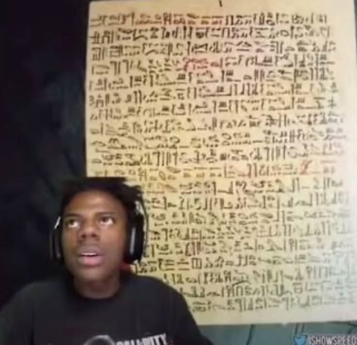 Speed Reading Ancient Symbols meme template - An animated character rapidly flips through a tablet or scroll covered in mysterious ancient symbols. The text is completely