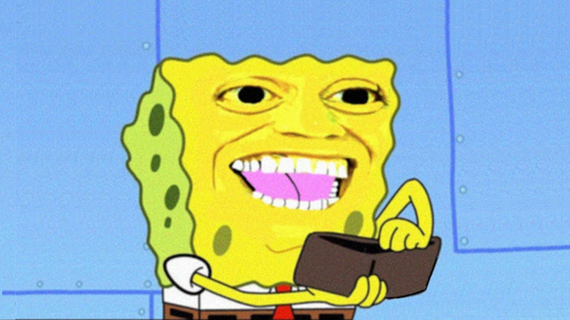 Spongebob Money meme template - SpongeBob SquarePants standing upright, gripping his wallet with both hands and flashing a wide, self-satisfied grin. His exp