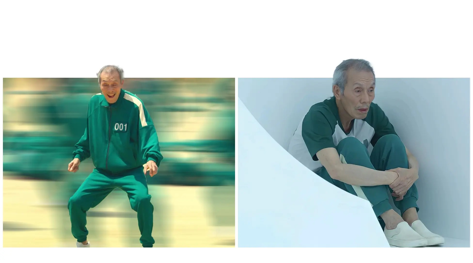 Squid Game 001 Old Man meme template - Two images side by side with white space above. Left: an elderly man in a green Squid Game tracksuit, number 001 on his chest