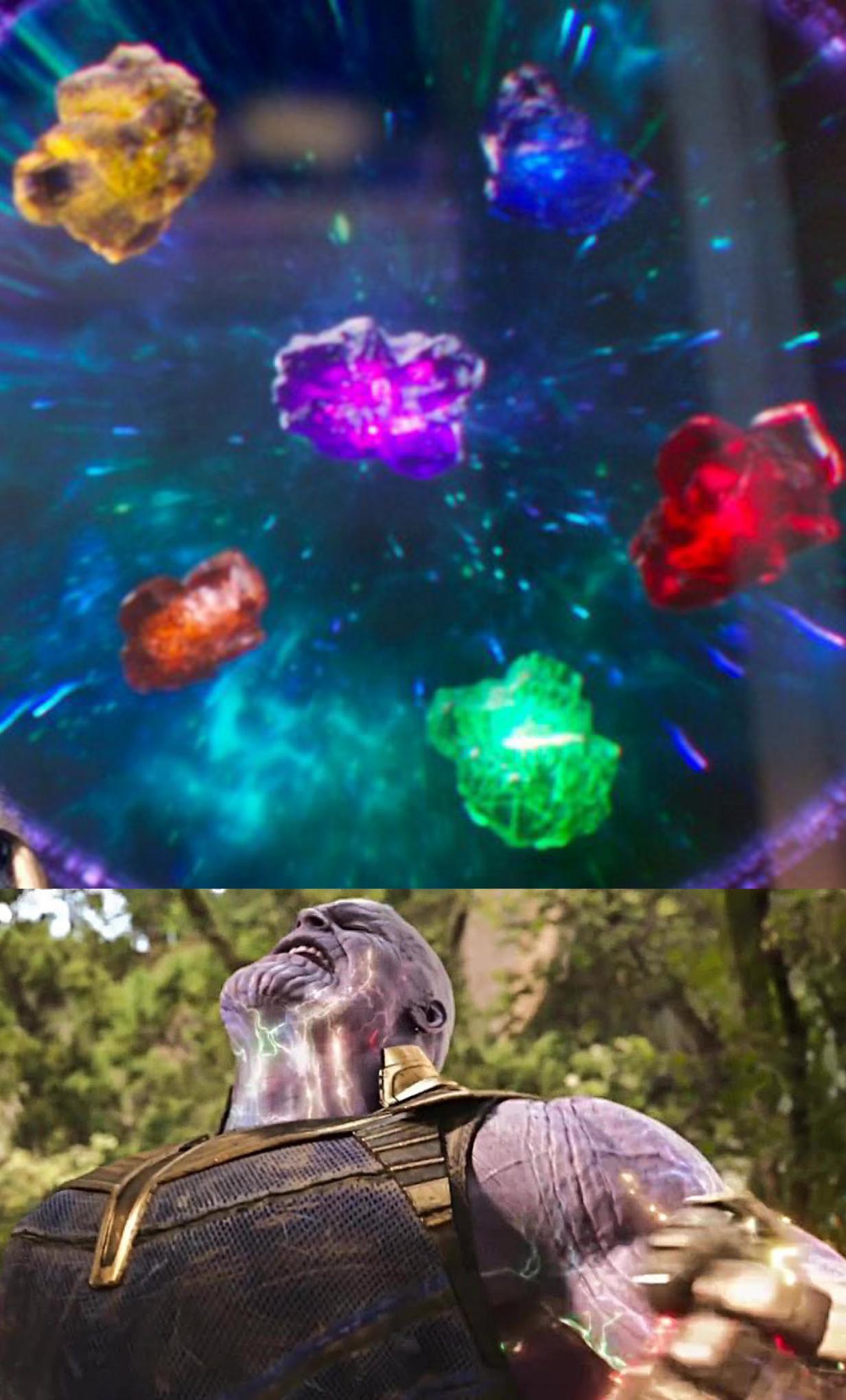Thanos Infinity Stones meme template - The top half of the image: six glowing infinity stones suspended in cosmic blue space. Yellow top-left, blue top-center, purp