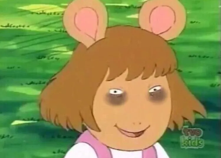 Tired DW meme template - DW from the PBS cartoon Arthur looking exhausted. She has visible dark circles under her eyes. The TVO Kids logo is in the co