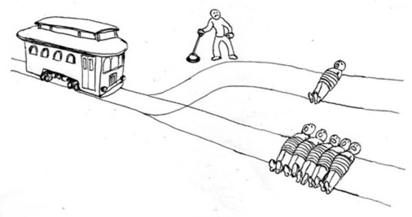 Trolley Problem meme template - A sketch of the trolley problem: a trolley on tracks heading toward a fork, a figure at the lever, one person tied to one pat