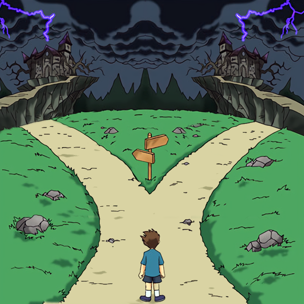 Two Paths (Dark) meme template - A small cartoon figure stands at a fork in a dark road at night. Both paths stretch toward stormy horizons with ominous castl