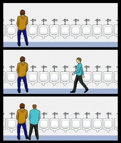 Urinal Guy meme template - A three-panel webcomic. Panel one: a lone figure, clearly at peace with the world and the space around them. Panel two: a sec