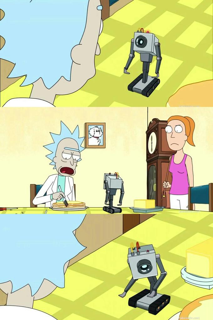 What's My Purpose / Butter Robot meme template - Three stacked panels from Rick and Morty. Top: the small grey Butter Robot stands on a yellow-green checkered floor, its sing