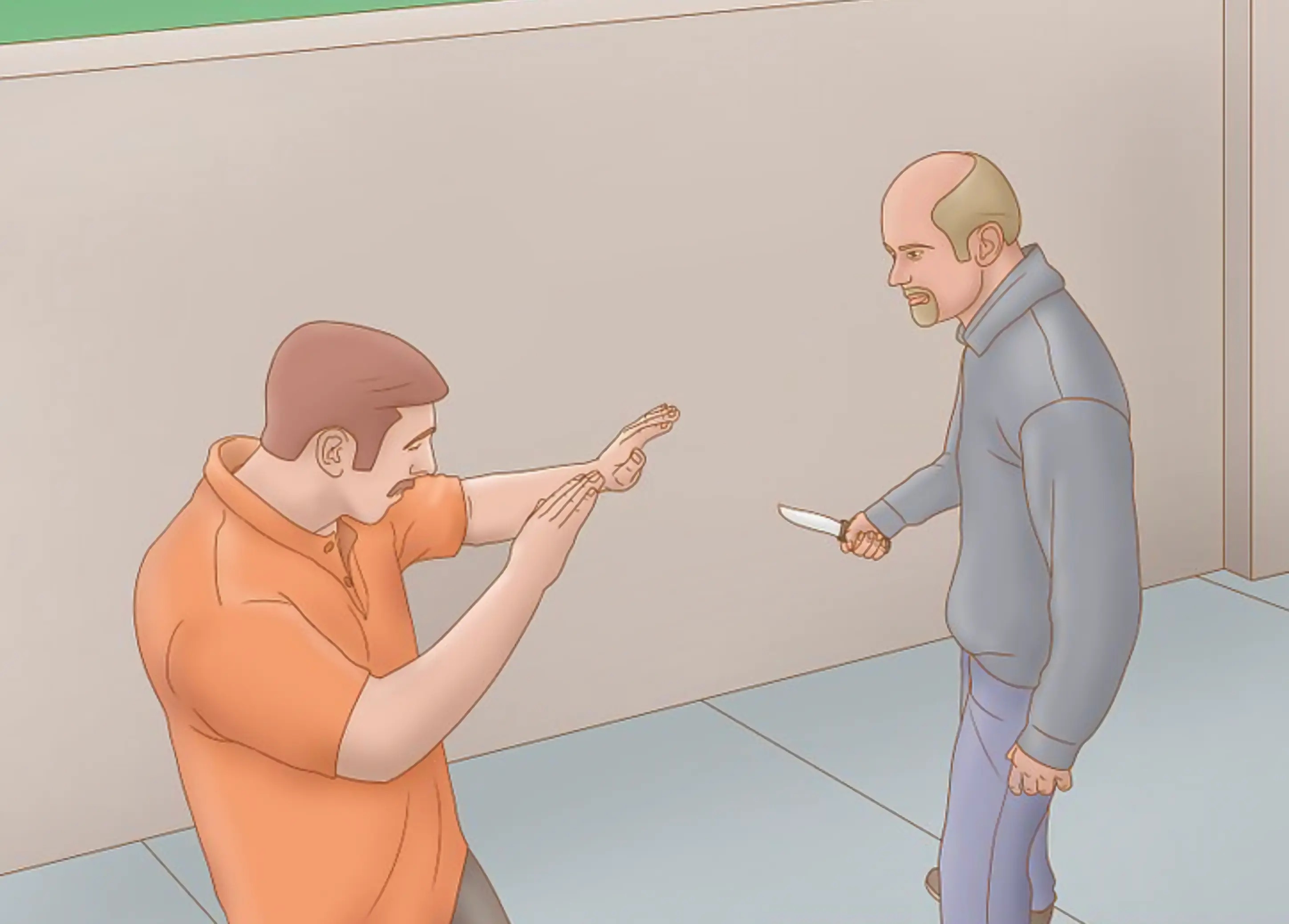 WikiHow Knife Defense meme template - A pastel WikiHow illustration. A man in an orange jacket crouches with both hands raised, palms out, in the universal "please