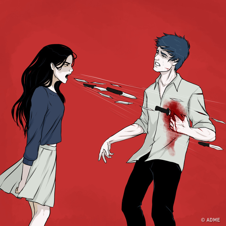 Woman Shouting Knives meme template - A vivid anime-style cartoon on a blood-red background. A woman on the left shouts with such force that literal knives fly fro